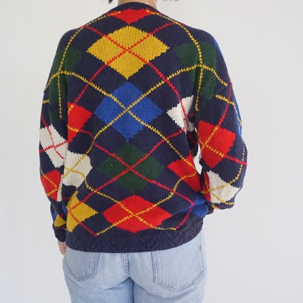 Field Gear Navy Multicolor Argyle Knit Preppy Cotton Blend Collegiate Sweater M - Picture 2 of 11